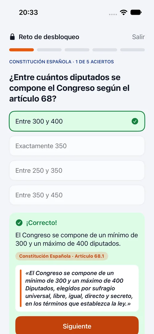 Pregunta del reto acertada, con la frase de la Constitución que respalda la respuesta